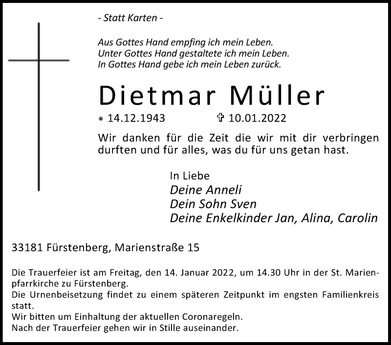  Traueranzeige für Dietmar Müller vom 12.01.2022 aus Westfalen-Blatt