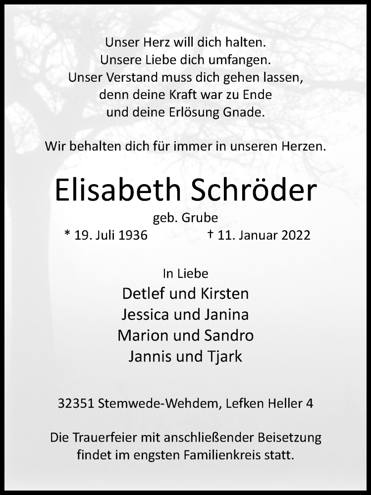  Traueranzeige für Elisabeth Schröder vom 13.01.2022 aus Westfalen-Blatt