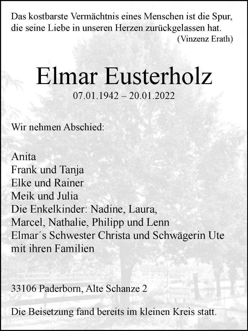  Traueranzeige für Elmar Eusterholz vom 29.01.2022 aus Westfalen-Blatt