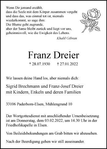 Traueranzeige von Franz Dreier von Westfalen-Blatt