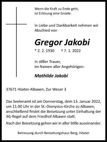 Traueranzeige von Gregor Jakobi von Westfalen-Blatt