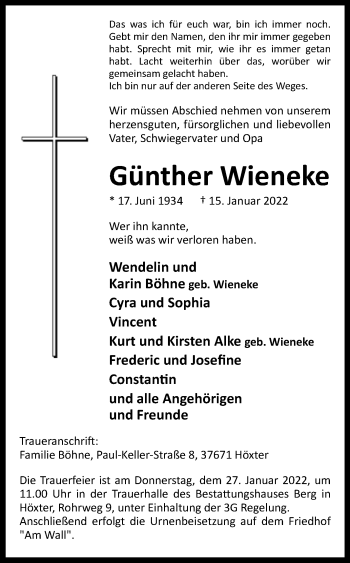 Traueranzeige von Günther Wieneke von Westfalen-Blatt