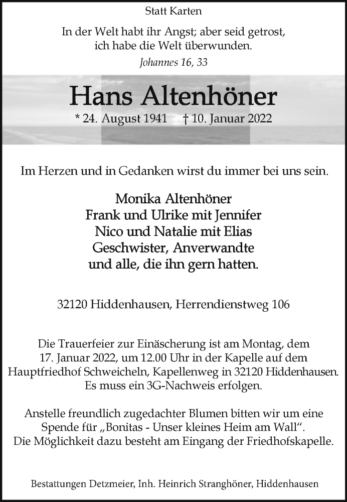  Traueranzeige für Hans Altenhöner vom 12.01.2022 aus Westfalen-Blatt