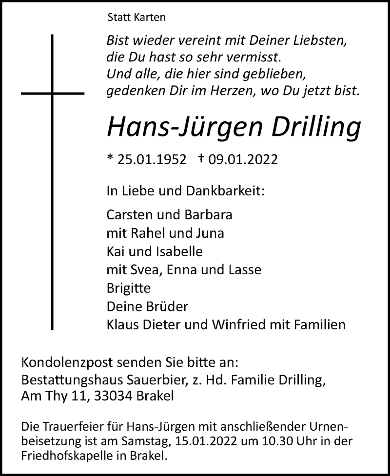  Traueranzeige für Hans-Jürgen Drilling vom 13.01.2022 aus Westfalen-Blatt