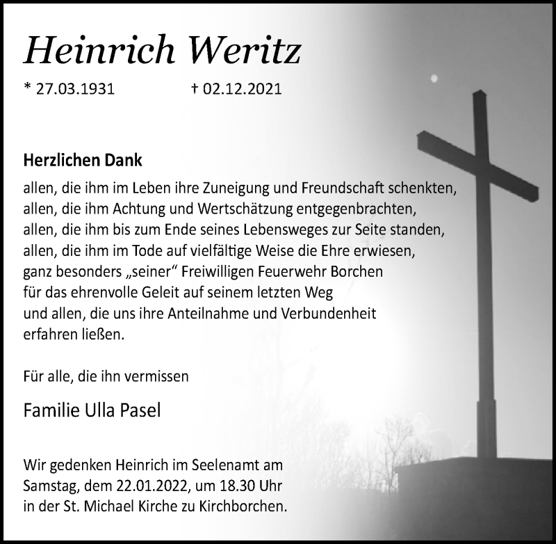 Traueranzeige für Heinrich Weritz vom 22.01.2022 aus Westfalen-Blatt