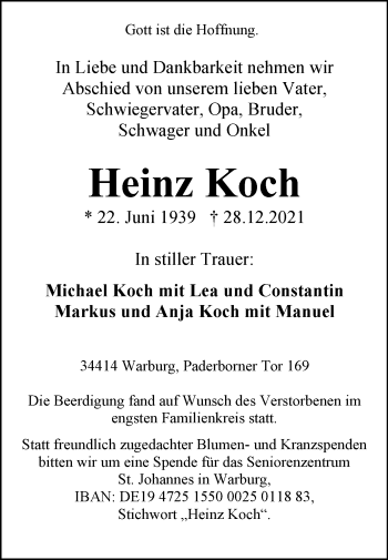 Traueranzeige von Heinz Koch von Westfalen-Blatt