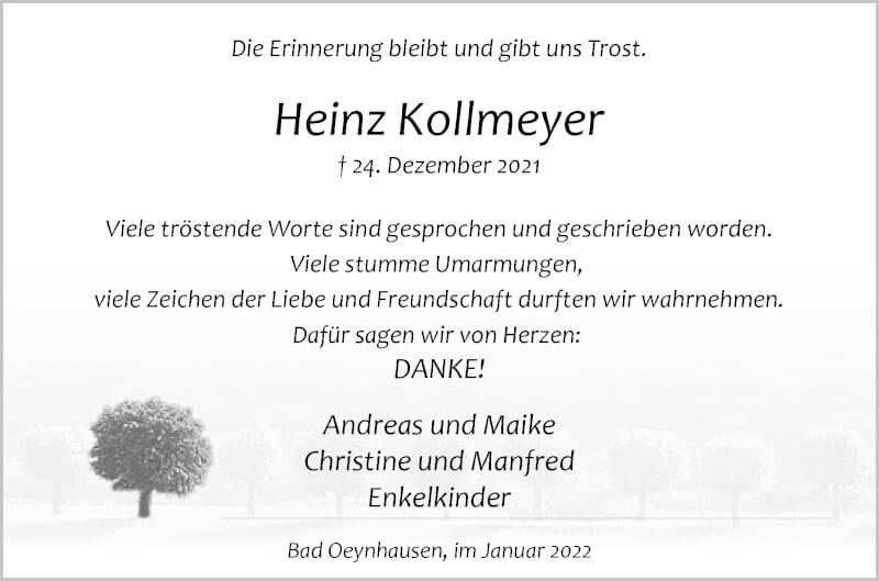  Traueranzeige für Heinz Kollmeyer vom 15.01.2022 aus Westfalen-Blatt