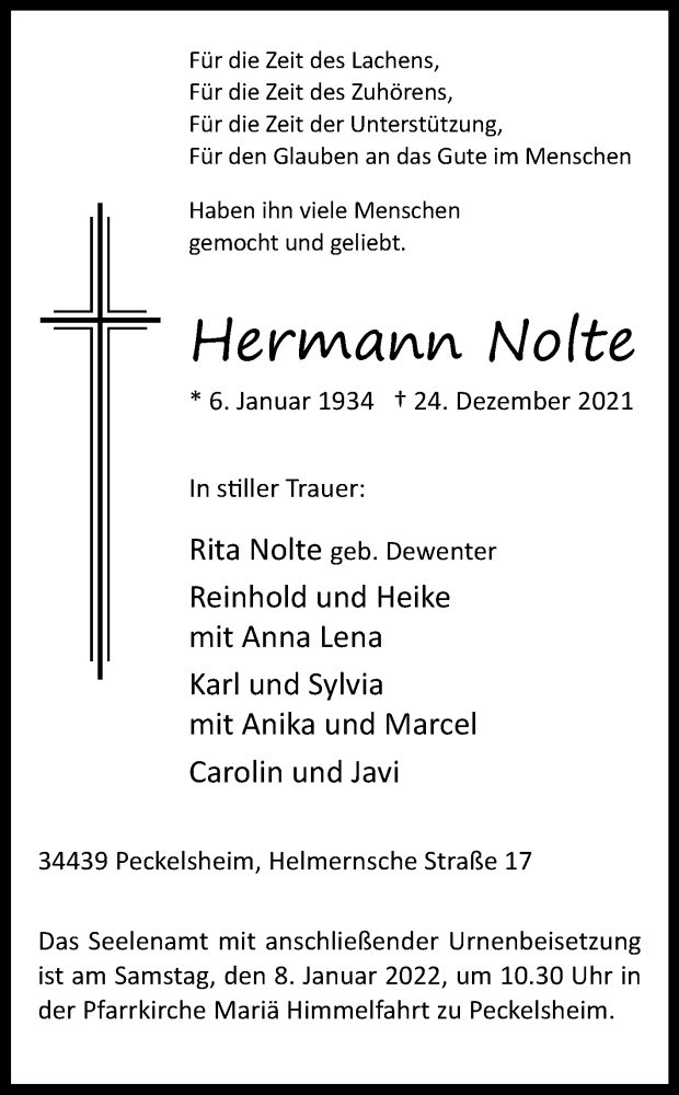  Traueranzeige für Hermann Nolte vom 05.01.2022 aus Westfalen-Blatt