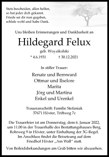 Traueranzeige von Hildegard Felux von Westfalen-Blatt