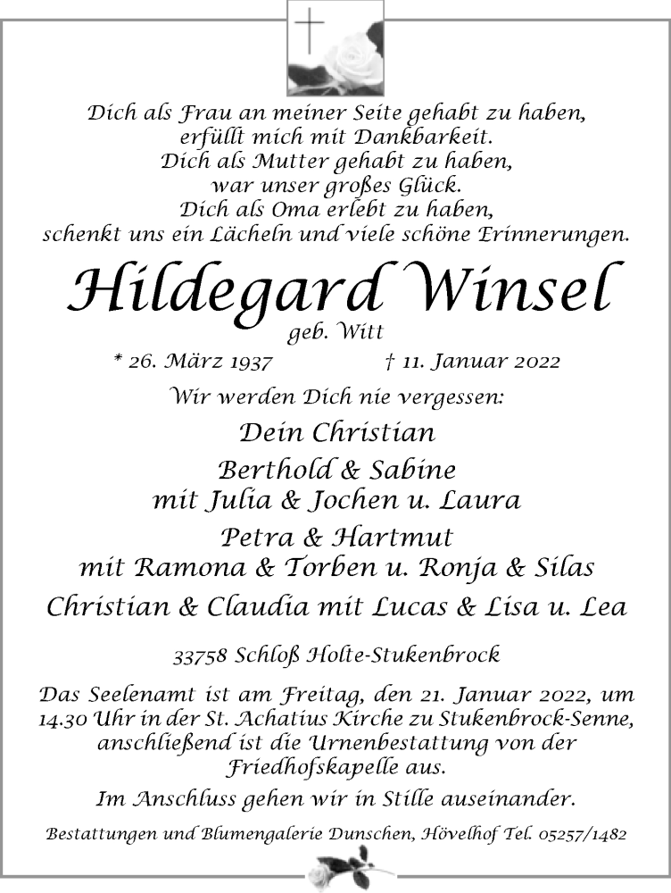  Traueranzeige für Hildegard Winsel vom 14.01.2022 aus Westfalen-Blatt