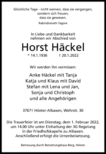 Traueranzeige von Horst Häckel von Westfalen-Blatt
