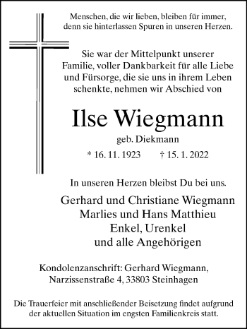 Traueranzeige von Ilse Wiegmann von Westfalen-Blatt