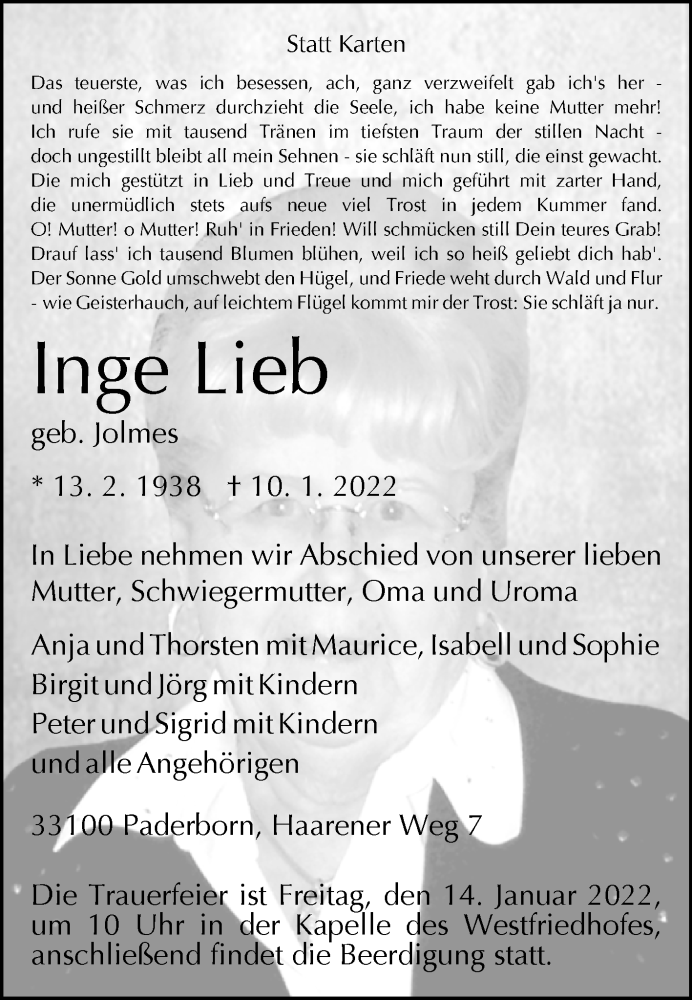  Traueranzeige für Inge Lieb vom 13.01.2022 aus Westfalen-Blatt