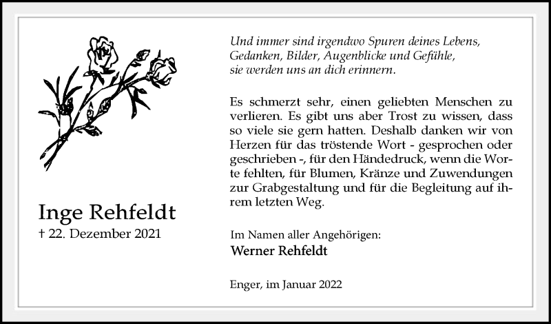  Traueranzeige für Inge Rehfeldt vom 28.01.2022 aus Westfalen-Blatt