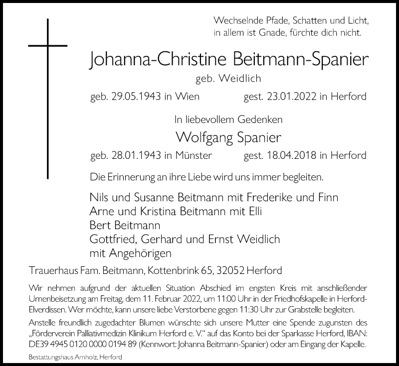  Traueranzeige für Johanna-Christine Beitmann-Spanier vom 29.01.2022 aus Westfalen-Blatt