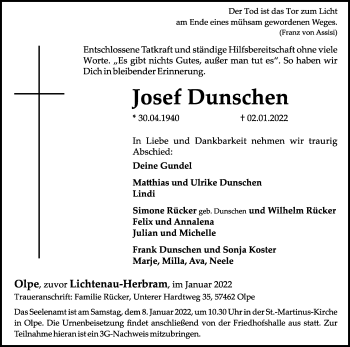 Traueranzeige von Josef Dunschen von Westfalen-Blatt
