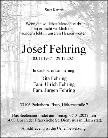 Traueranzeige von Josef Fehring von Westfalen-Blatt