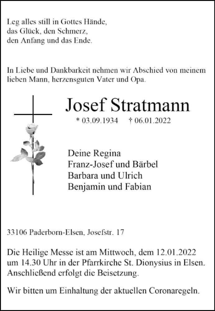  Traueranzeige für Josef Stratmann vom 08.01.2022 aus Westfalen-Blatt