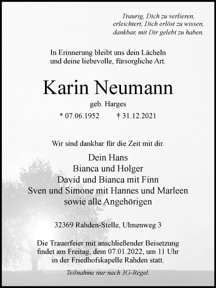  Traueranzeige für Karin Neumann vom 04.01.2022 aus Westfalen-Blatt