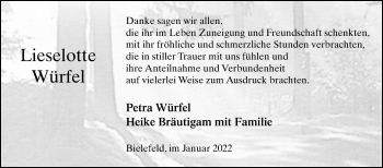 Traueranzeige von Lieselotte Würfel von Westfalen-Blatt