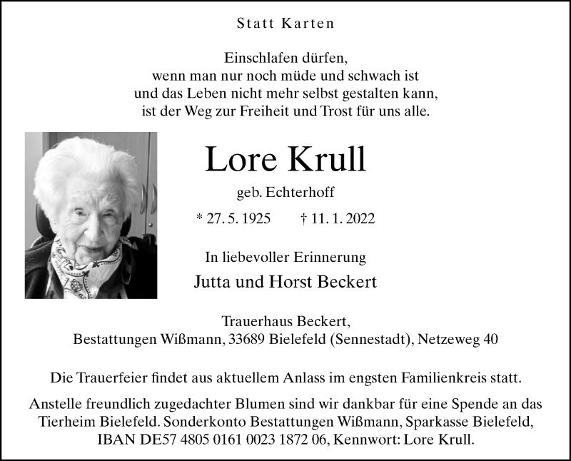  Traueranzeige für Lore Krull vom 22.01.2022 aus Westfalen-Blatt