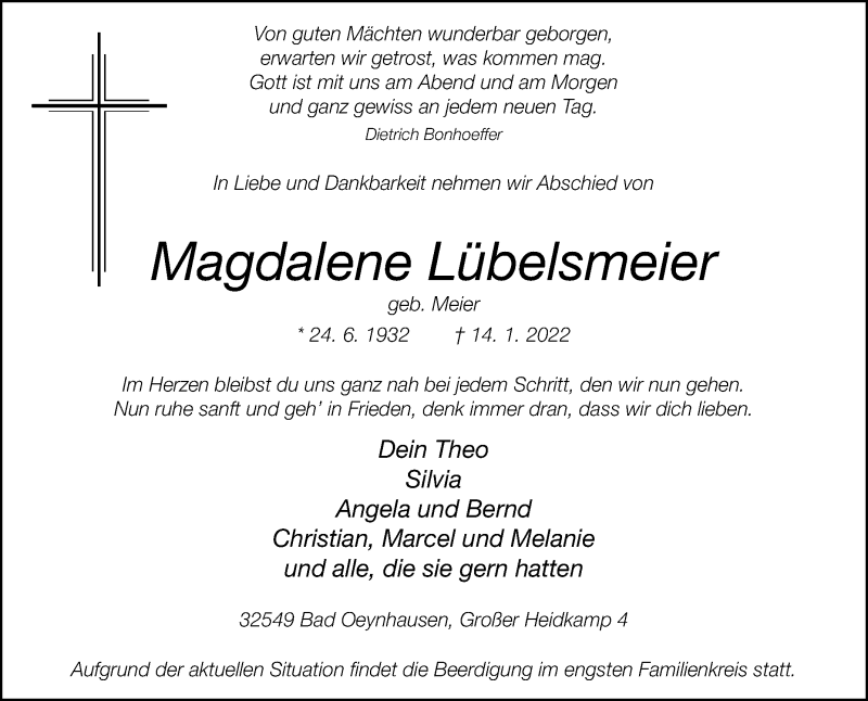  Traueranzeige für Magdalene Lübelsmeier vom 19.01.2022 aus Westfalen-Blatt