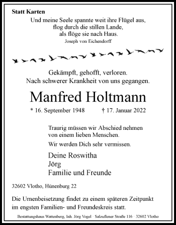 Traueranzeige von Manfred Holtmann von Westfalen-Blatt