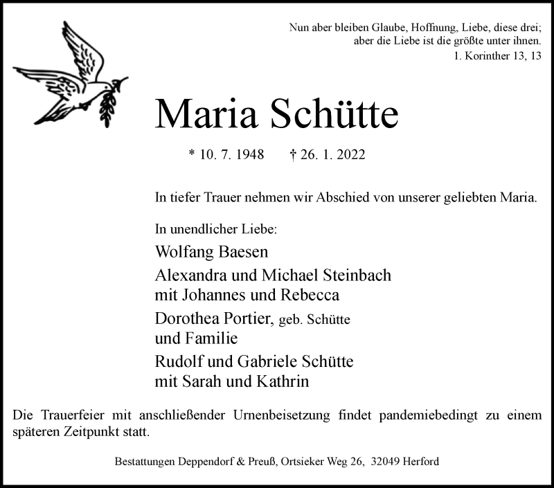  Traueranzeige für Maria Schütte vom 29.01.2022 aus Westfalen-Blatt