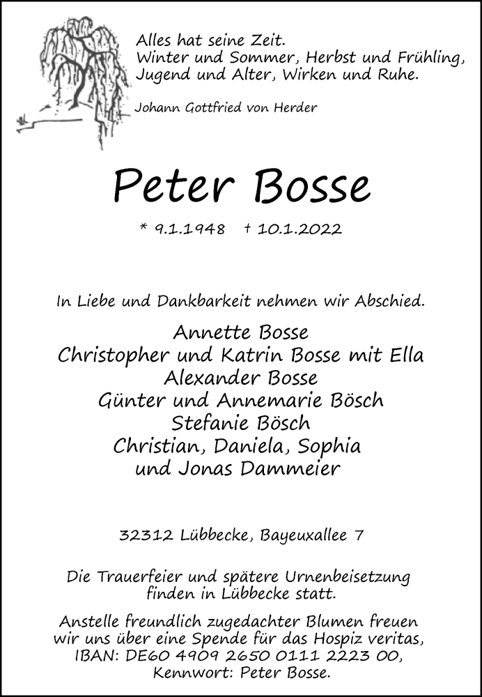  Traueranzeige für Peter Bosse vom 13.01.2022 aus Westfalen-Blatt