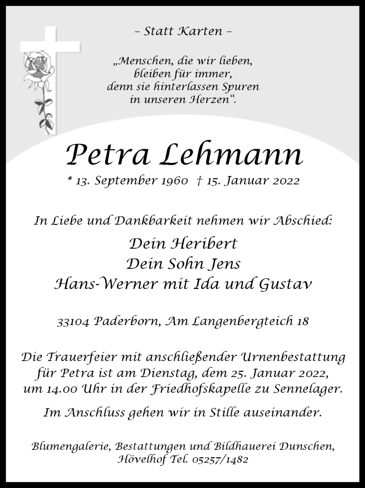  Traueranzeige für Petra Lehmann vom 19.01.2022 aus Westfalen-Blatt