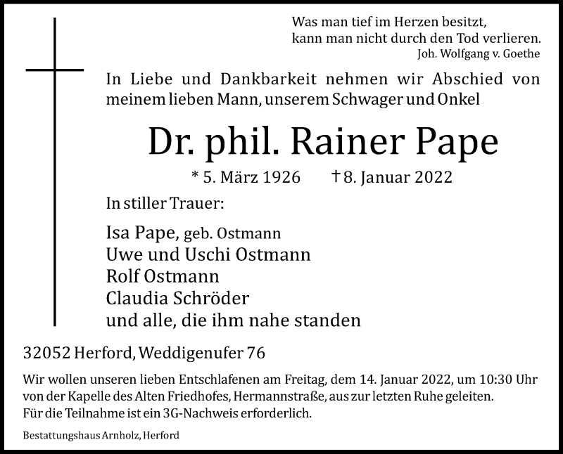  Traueranzeige für Rainer Pape vom 12.01.2022 aus Westfalen-Blatt
