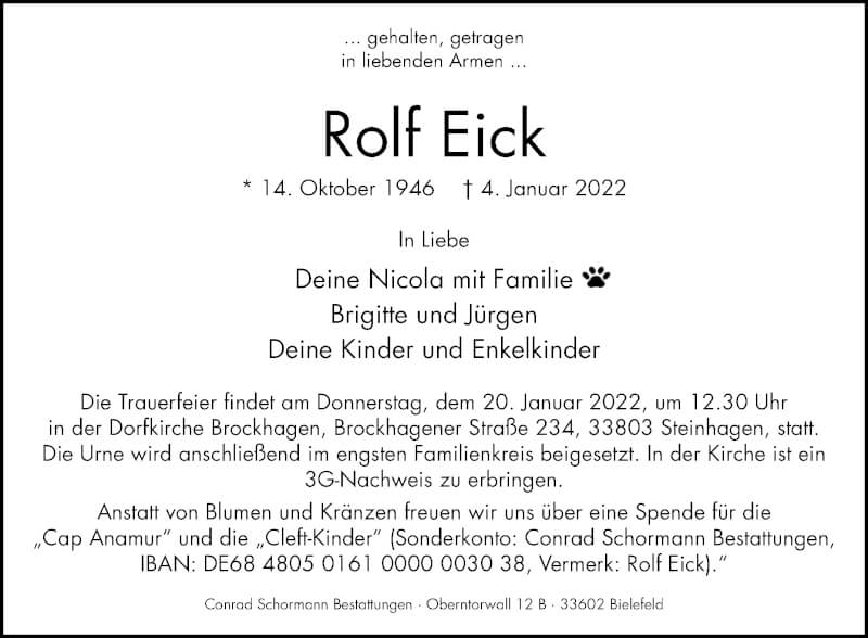  Traueranzeige für Rolf Eick vom 15.01.2022 aus Westfalen-Blatt