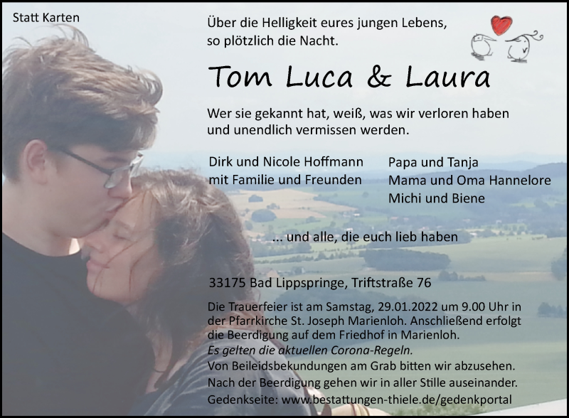  Traueranzeige für Tom Luca und Laura  vom 26.01.2022 aus Westfalen-Blatt