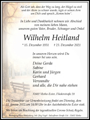 Traueranzeige von Wilhelm Heitland von Westfalen-Blatt