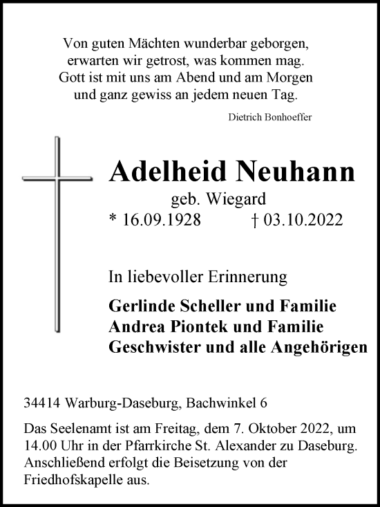 Traueranzeige von Adelheid Neuhann von Westfalen-Blatt