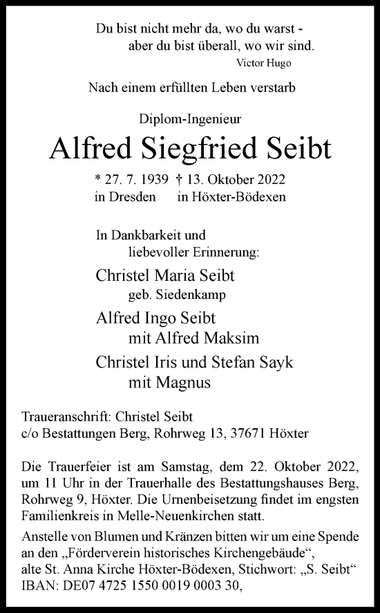 Traueranzeige von Alfred Siegfried Seibt von Westfalen-Blatt