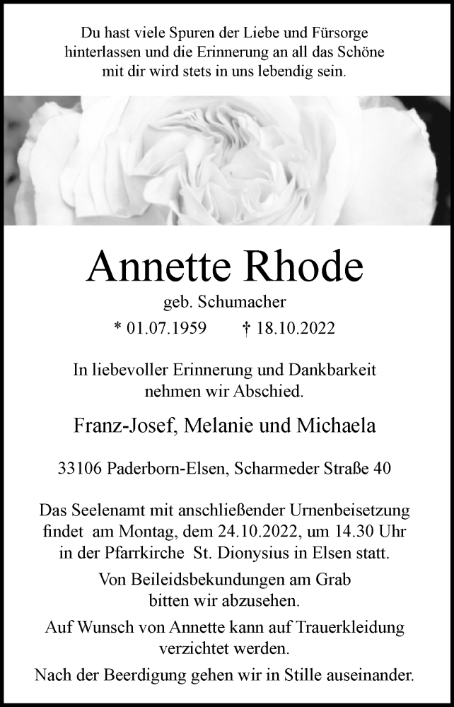  Traueranzeige für Annette Rhode vom 22.10.2022 aus Westfalen-Blatt