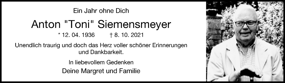  Traueranzeige für Anton Siemensmeyer vom 08.10.2022 aus Westfalen-Blatt