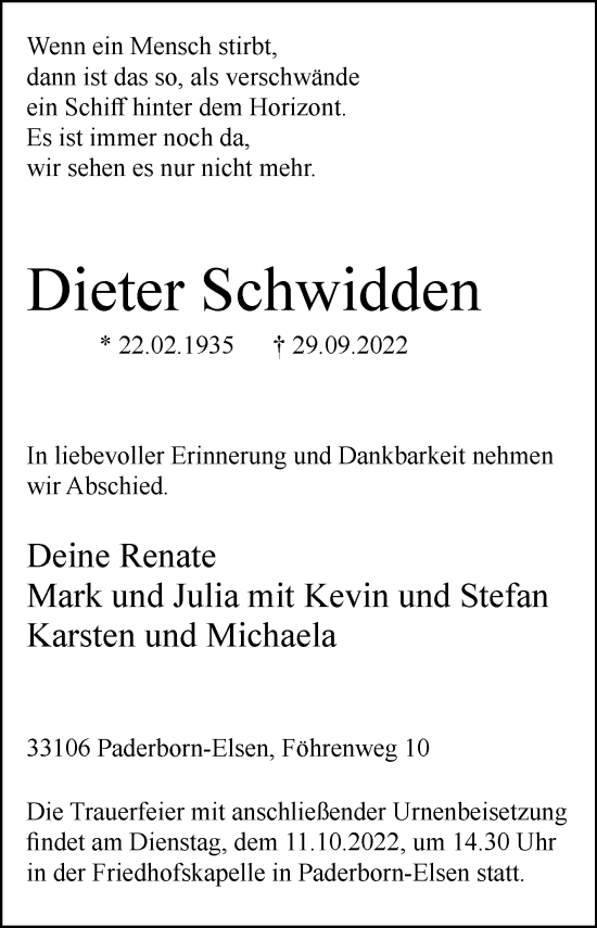 Traueranzeige von Dieter Schwidden von Westfalen-Blatt