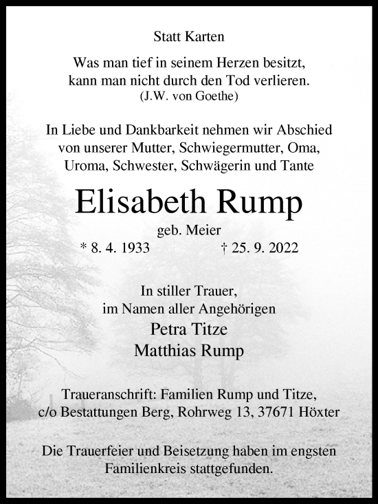 Traueranzeige von Elisabeth Rump von Westfalen-Blatt