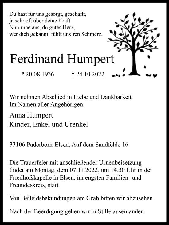 Traueranzeige von Ferdinand Humpert von Westfalen-Blatt