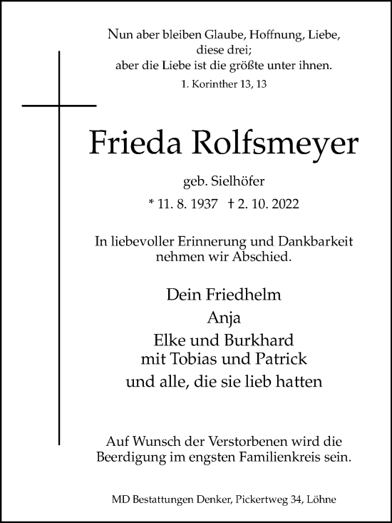 Traueranzeige von Frieda Rolfsmeyer von Westfalen-Blatt