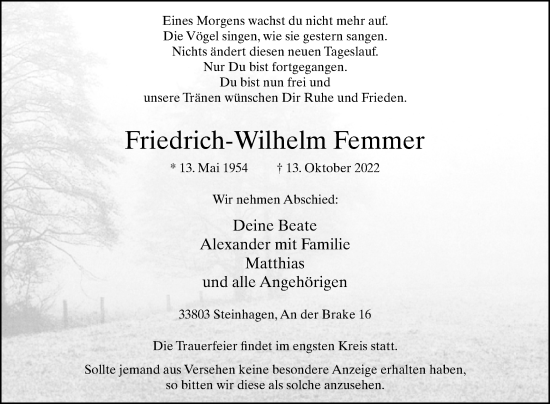 Traueranzeige von Friedrich-Wilhelm Femmer von Westfalen-Blatt