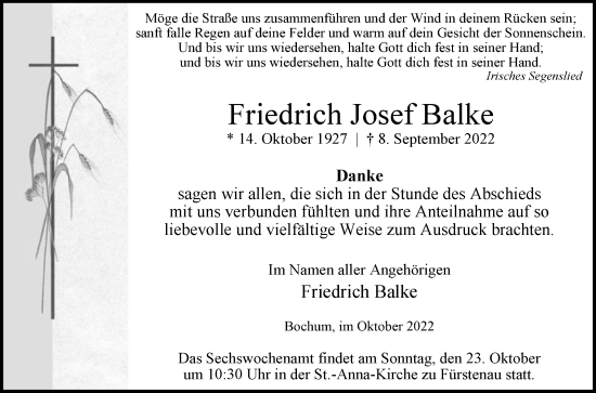 Traueranzeige von Friedrich Josef Balke von Westfalen-Blatt