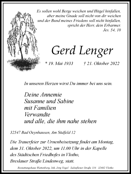 Traueranzeige von Gerd Lenger von Westfalen-Blatt