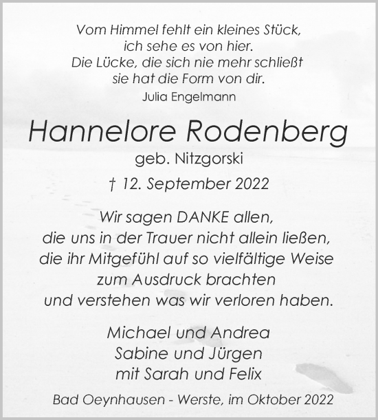Traueranzeige von Hannelore Rodenberg von Westfalen-Blatt