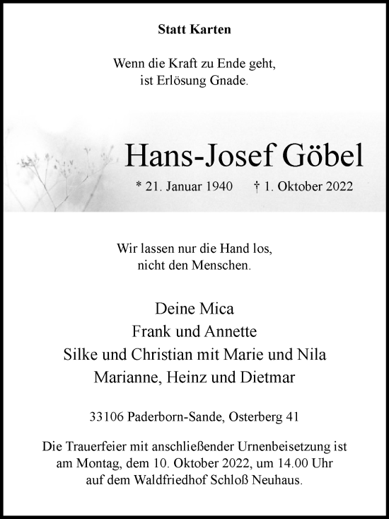 Traueranzeige von Hans-Josef Göbel von Westfalen-Blatt