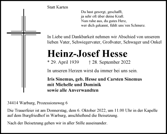Traueranzeige von Heinz-Josef Hesse von Westfalen-Blatt