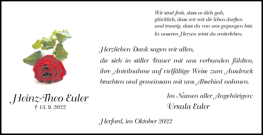  Traueranzeige für Heinz-Theo Euler vom 14.10.2022 aus Westfalen-Blatt