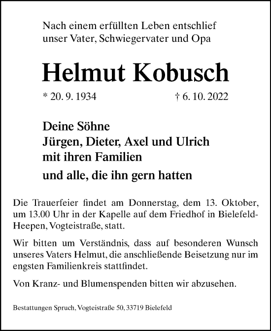 Traueranzeige von Helmut Kobusch von Westfalen-Blatt